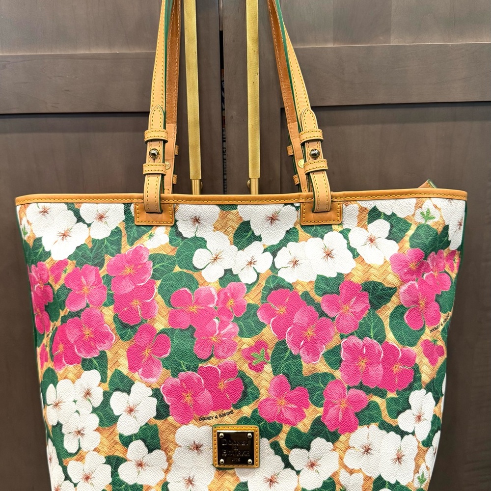 Dooney & Bourke Floral Tote Bag with Fuschia Pink and Green Design